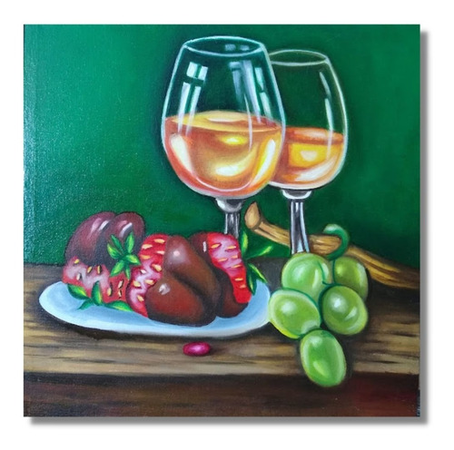 Cuadro Bodegón, Vino Con Uvas, 30cm X 30cm Al Óleo