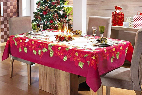 Toalha De Mesa Natal Papai Noel 06 Lugares 2,15m X 1,40m Cor Flores