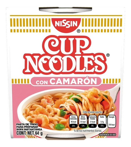 2 Pza Sopa Instantánea Nissin Cup Noodles Con Camarón 64 G