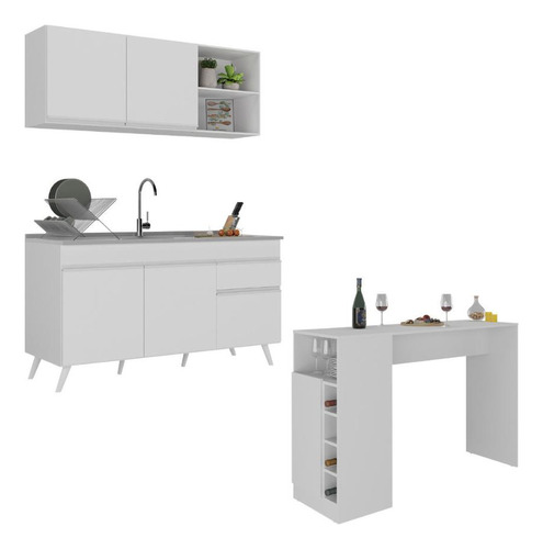 Armário Cozinha Compacta Com Mesa Veneza Multimóveis Mp2201 Cor Branco