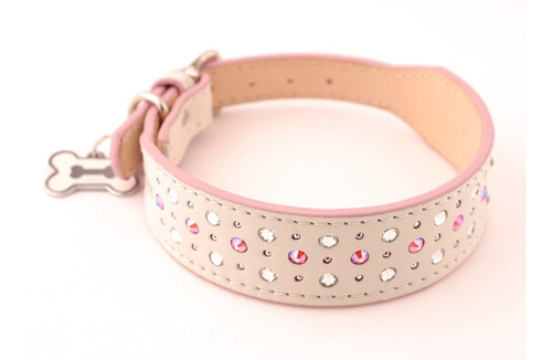 Collar Piel Perro Cristales Austriacos Lujo Placa Id Talla L