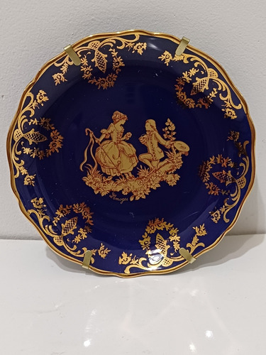 Plato Limoges Imperial Real Gold Con Soporte Escena Azul Cob