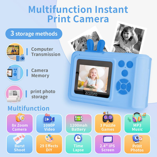 Cámara De Impresión Instantánea Zcobro Kids 1080p Hd Para Ni