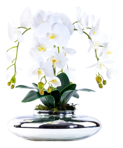 Arranjo Com 4 Orquídeas Brancas Toque Real Em Terrário Prata