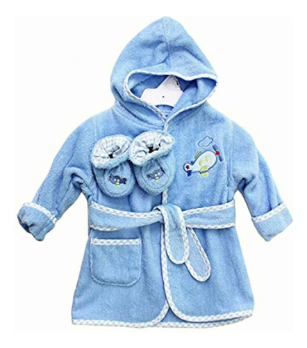 Spasilk 100% Cotton Hooded Terry Bathrobe With Booties, Blue Color Avión Azul