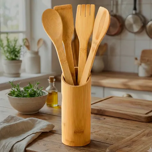 Conjunto Talheres Bambu 5 Peças Pau Colher Garfo Espátulas - R$ 21,9