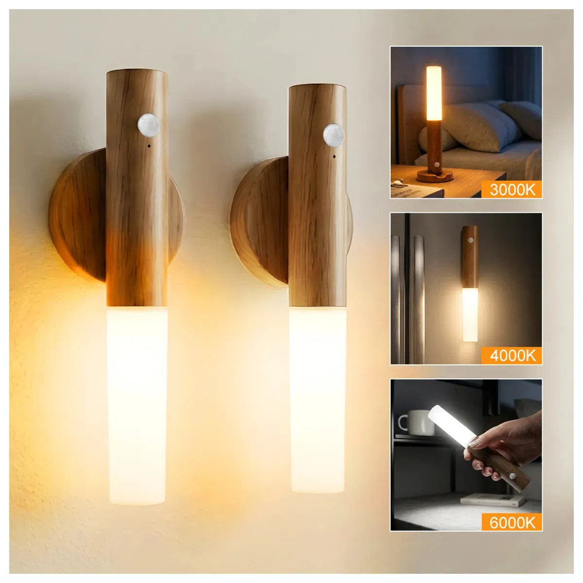 2pc Lámparas Led Pared Interior Aplique Recargable Con Sensor Movimiento Inalámbricas Magnética Foco Emergencia Dormitorio Cocina Marrón Con Patrón De Madera Blanco Cálido Neutro F