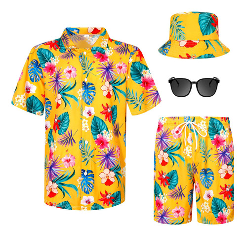 Conjunto De 4 Piezas De Camisa Hawaiana Y Pantalón Corto P.