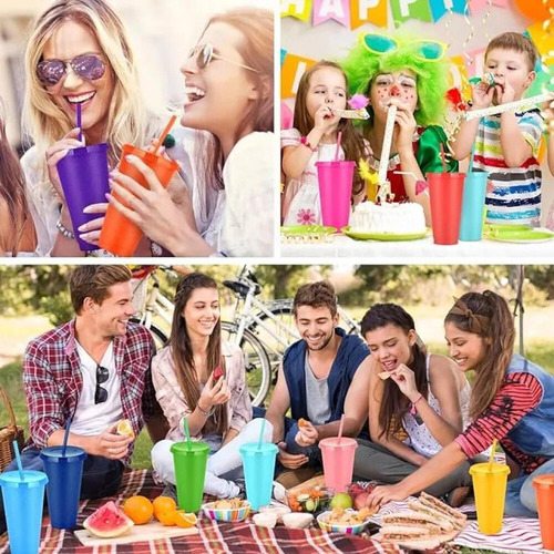 Kl 10 Vasos Reutilizables De 24 Oz Con 10 Tapas + 10 Popotes