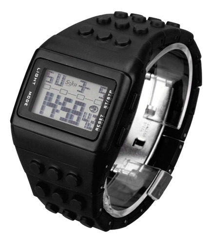 Reloj Led Niño Bloque Juego Cronometro Alarma Contra Agua Sh Color de la correa Negro