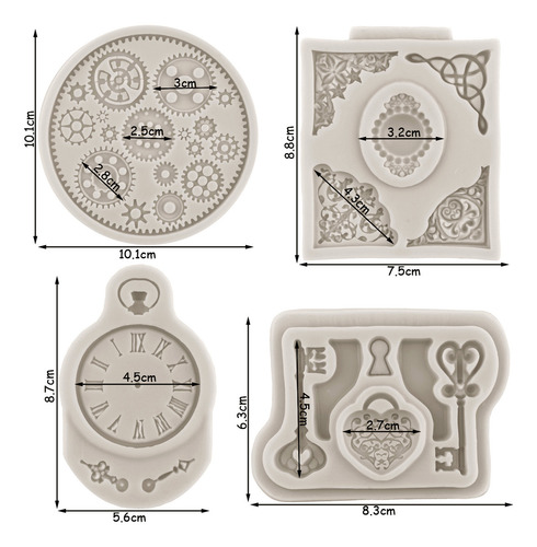 4pcs Molde De Silicona Engranaje Llave Reloj Fondant Resina Color Gris