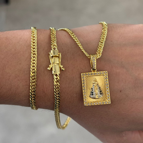 Corrente Masculina + Nossa Senhora Cravejada Ouro Banhado