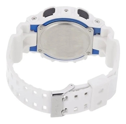 Imagen 3 de 3 de Reloj de pulsera Casio G-Shock GA-100 de cuerpo color blanco, analógico-digital, para hombre, fondo negro, con correa de resina color blanco, agujas color blanco, dial blanco, subesferas color negro y celeste, minutero/segundero blanco, bisel color blanco y azul y hebilla doble