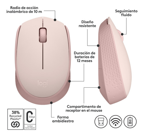 Mouse Óptico Inalámbrico Usb Logitech M170 Pequeño Rosa