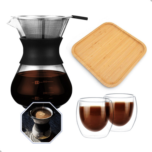 Cafeteira Coador 400ml + 2 Copos 80ml + Bandeja Bambu 20cm