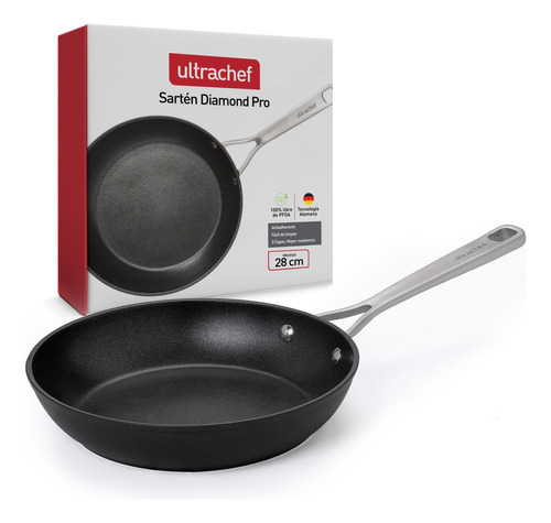 Sartén Antiadherente Con Mango De Acero Inoxidable. Línea Diamond Pro Ultrachef. Revestimiento De Piedra De Alemania 100% Libre De Pfoa, Para Estufa De Inducción, Gas O Eléctrica. Negro 28 Cm