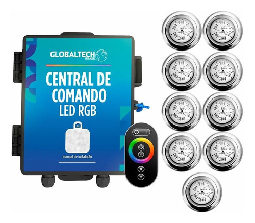 Kit 9 Refletor Led Piscina Rgb 9w Inox + Central Touch 110V/220V