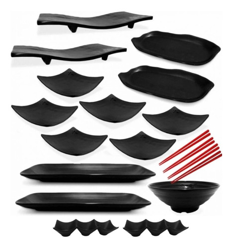 Kit 19 Peças Para Sushi Com Travessas Pratos E Hashis