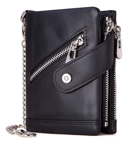 Cartera Hombre Cuero Genuino Rfid Doble Cremallera Con Caden