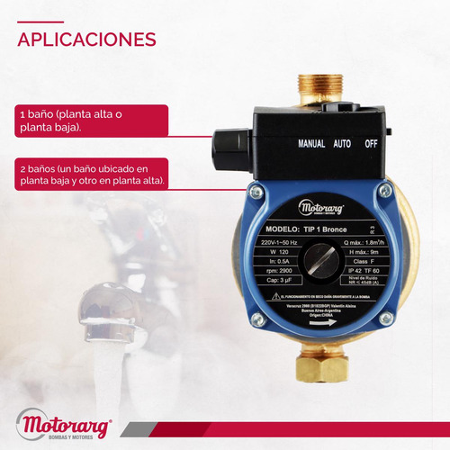 Imagen 5 de 12 de Bomba Presurizadora Elevadora Motorarg Tip 1 Bronce 2 Baños