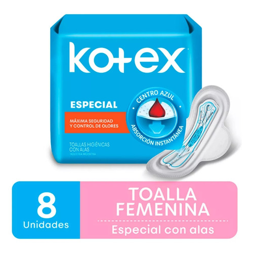 Kotex Especial Centro Azul 8 Toallas Higiénicas Femeninas Maxima Seguridad