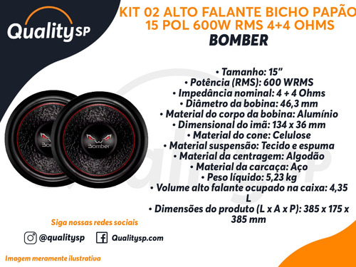 Kit Bomber 15 Pol Subwoofer Bicho Papão 600w Bobina 4+4 Ohms