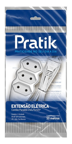 Extensão Pratik Fio Paralelo 2x0,75mm 3 Tomadas 10m Branco