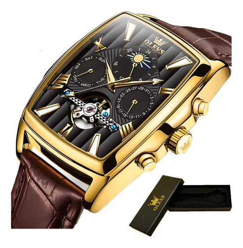 Reloj Mecánico De Cuero De Lujo Olevs Tourbillon Color Del Fondo Gold/negro