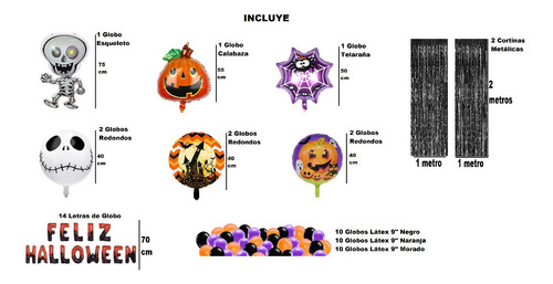 Set Globos Feliz Halloween Esqueleto Calabaza Telaraña Jack