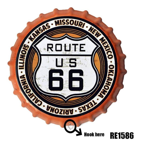 Cuadro Metalico Vintage En Forma De Tapa Diseño Route 66 .