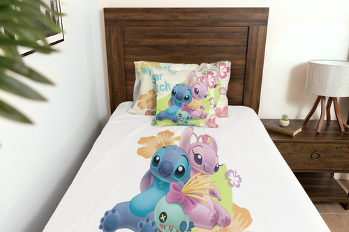 Jogo De Cama 2 Pç Branco Lilo & Stitch Com Ou Sem Elástico Desenho Do Tecido Lençol Sem Elástico