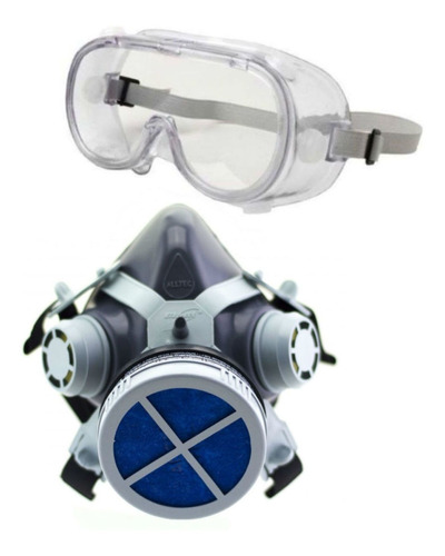 Imagem 1 de 7 de Kit Máscara Respirador Epi 1 Filtro P2 Pó Poeira Com Óculos