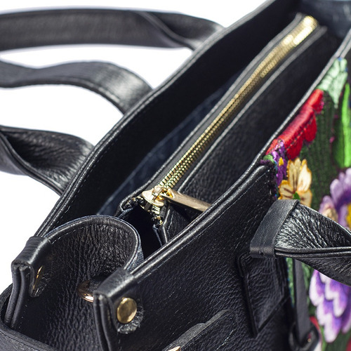 Bolsa De Piel Con Telar Zinacantan Hecho A Mano Color Negro Diseño de la tela Samantha telar zinacantan