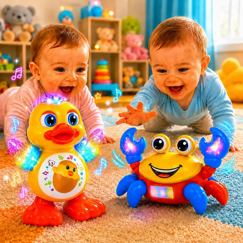Kit Pato Dançante E Caranguejo Fujão Brinquedo Bebê Criança Interativo Som Luz Movimento Braveni