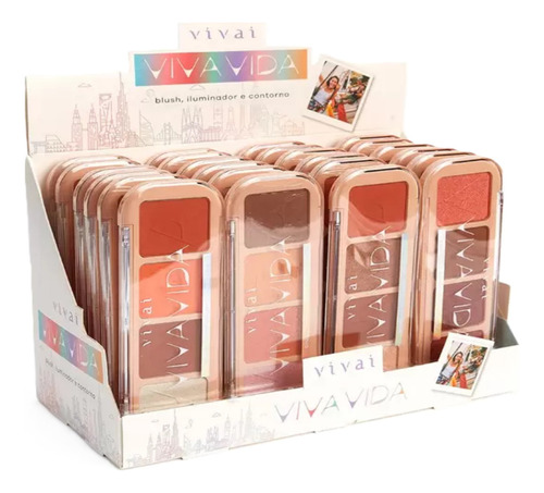 Box C/24 Paleta Blush, Iluminador E Contorno Vivai Tom Da Maquiagem 4 Tons