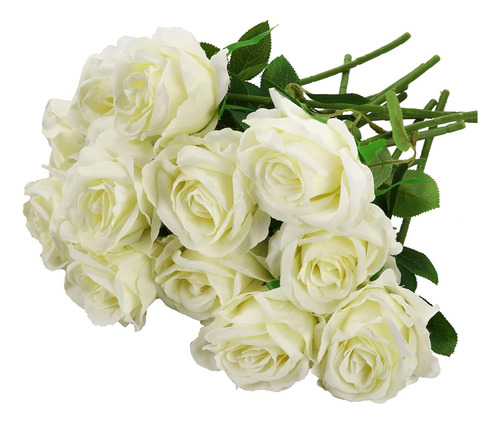 12 Paquete De Rosas Artificiales Blancas Tallos Ramo De...