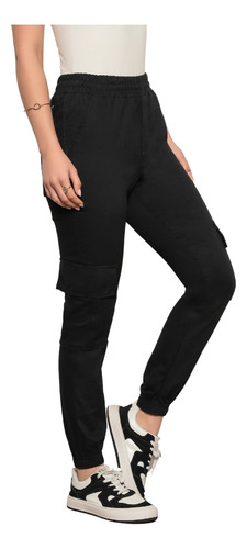 Calça Feminina Sarja Cargo Jogger Com Elástico Cintura