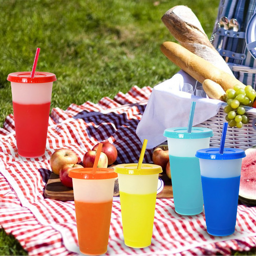 A 10pzs Vasos Magicos Cambian De Color Con Tapa Y Popote