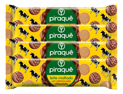 Piraquê Biscoito Maltado Coberto Chocolate 80g -  Pack 4 Und