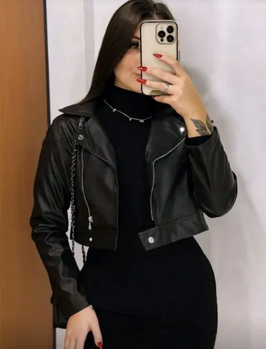 Jaqueta Feminina Couro Frio Fake Inverno Modas Elegante Preto M Liso