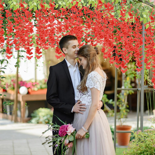 Flores Artificiales De Glicina De 12 Piezas,plantas Artificiales De Wisteria Colgantes De 110cm , Flores Artificiales Colgantes Decoración Para Hogar, Para Boda,jardín,exterior Para El Hogar.(rojo)