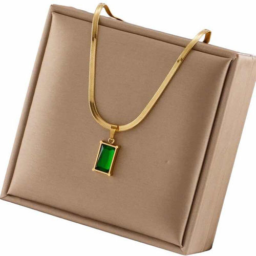 Collar Cadena Colgante Cristal Verde Esmeralda Bañado En Oro
