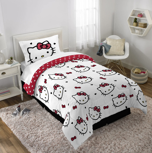 Edredon Hello Kitty 2pz Individual / Matrimonial Niñas *sk Color Blanco/rojo Diseño De La Tela Estampado