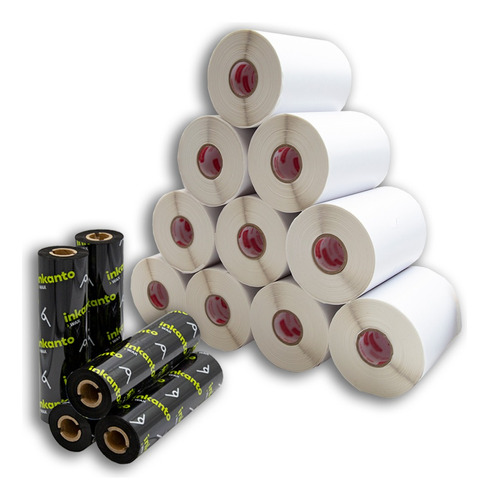 Kit 50 Rolos Etiqueta 10x15 100x150 Couche Serrilha + 25 Ribbons Cor Branco Adegraf Etiquetas