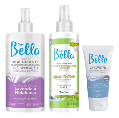 Kit Pré Lavanda + Loção Água De Coco + Alfazulen Depil Bella