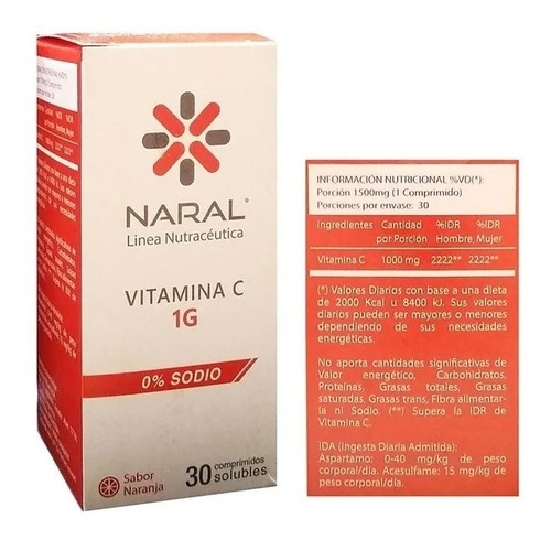 Vitamina C 1 g sem Tacc - 30 comprimidos de sabor de laranja Naral