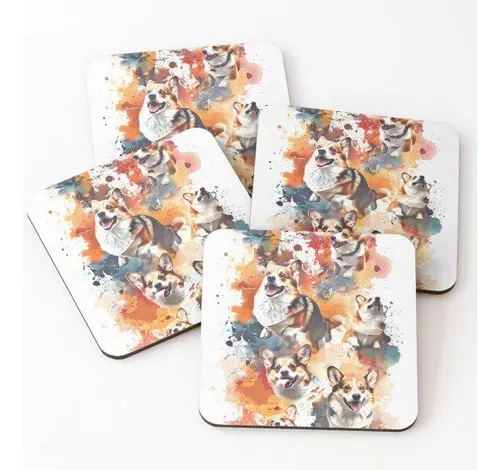 comprar Set Posavasos Collage De Acuarela De Corgi Lámina Artística 