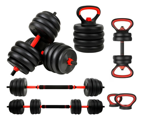 Kit Halteres 6 Em 1 Peso Musculação Até 40kg Ajustável Halter, Kettlebell, Anilha Cor Preto-Vermelho + E-book