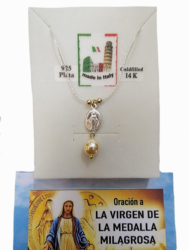 Colgante Virgen De Los Rayos + Perla Mantequilla Plata Y Oro