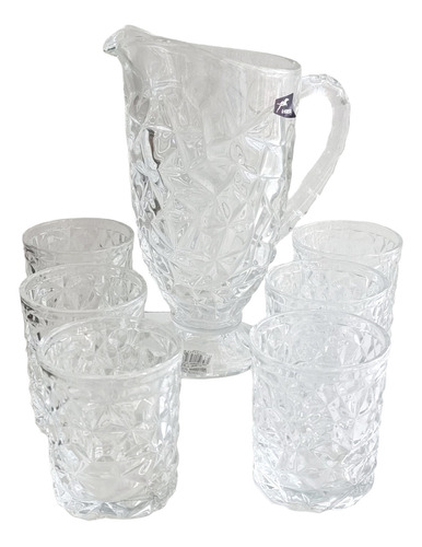 Set De Jarra + 6 Vasos De Vidrio Labrados Diseño Rombo